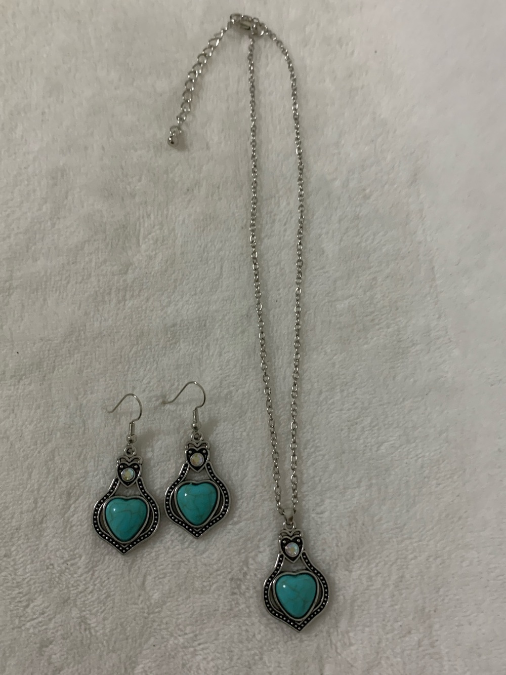 Heart Turquoise Stone Silver-Tone Necklace & Earrings Set
